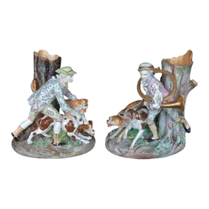 Set of Two Porcelain Hunting Dog Vases. Germany, Early 20th Century.