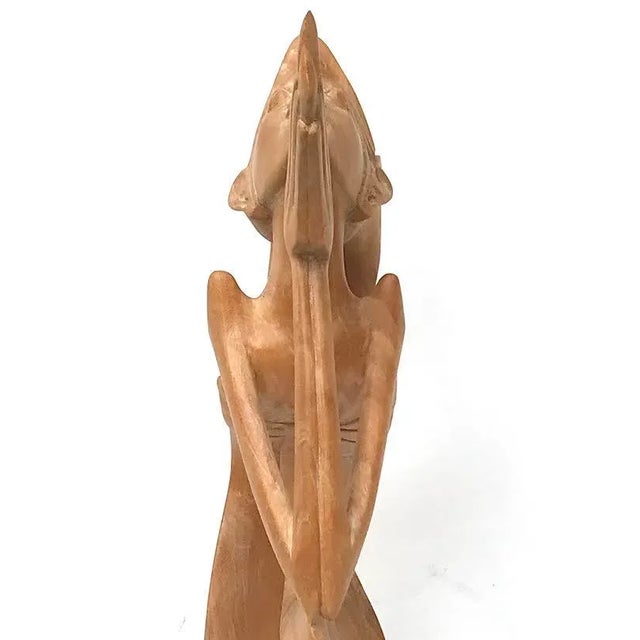 Wood Vintage Modernist Figural Tropical Wood Carving Woman Prayer Offering Bali Circa.1950 For Sale - Image 7 of 10