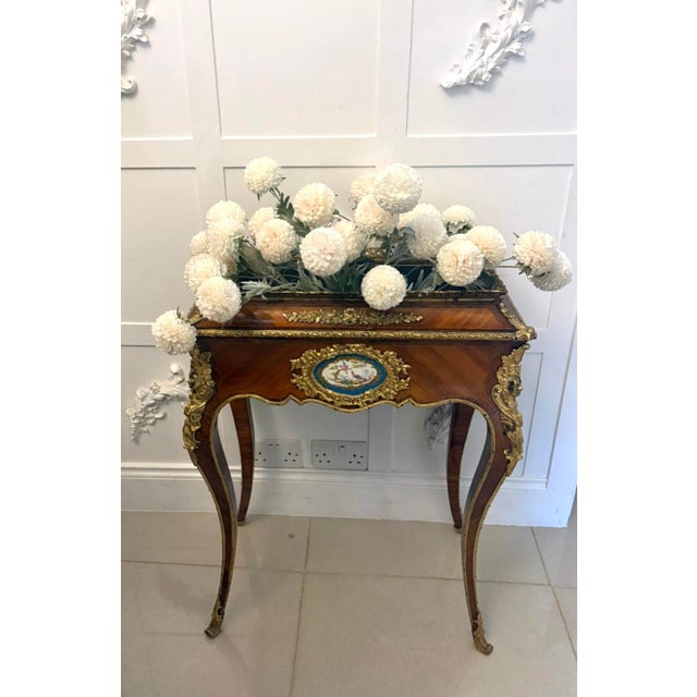 Antique French Victorian Ormolu Mounted Kingwood Jardiniere Stand with Porcelain Plaque, 1860 For Sale - Image 3 of 17