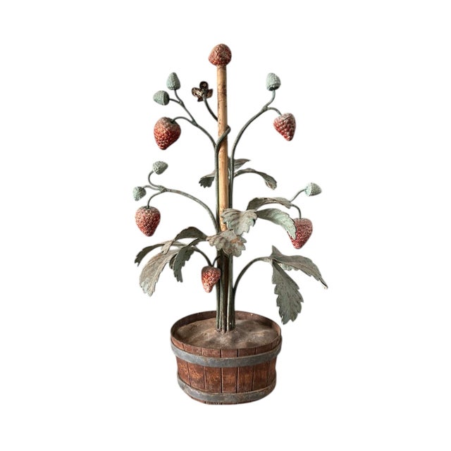 Vintage Italian Tole Peinte Potted Strawberry Plant Sculpture / Toleware Floral / Flower Arrangement, Made in Italy, a Pair For Sale - Image 4 of 12