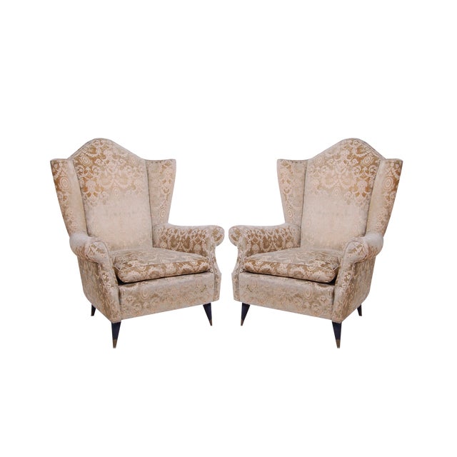 Set of Armchairs in Damask Fabric, 1950s For Sale