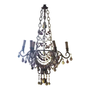19thc Antique French Napoleon III Bronze & Crystal Beaded Clear & Amethyst Chandelier by Maison Bagues
