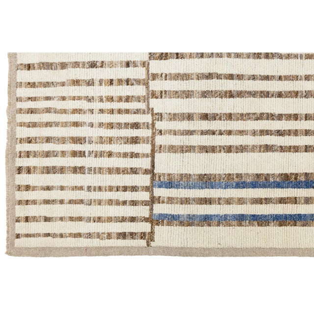Beige Beige Modern Moroccan Style Handmade Wool Rug With Abstract Stripe Design For Sale - Image 8 of 12