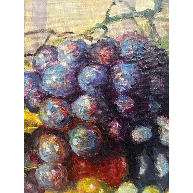 Original oil on canvas. * Traditional fruit still life. * Rich, painterly brushwork. * Gallery stamp from Los Angeles. *...