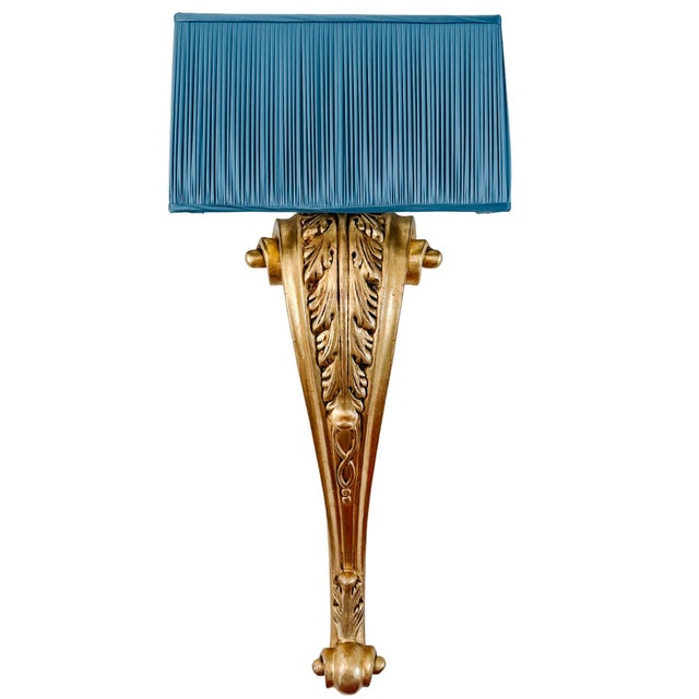 French Grand Scale Parisian Giltwood Corbel Sconces With Blue Pleated Silk Shades - A Pair For Sale In San Diego - Image 6 of 13