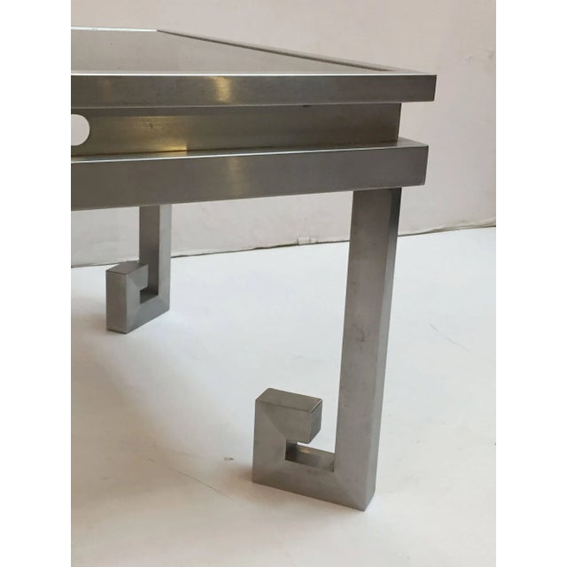 Large French Low Cocktail or Coffee Table of Brushed Steel and Smoked Glass, Greek Key For Sale - Image 10 of 11