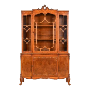 Romweber French Provincial Louis XV Burl Wood Breakfront Bookcase Cabinet, Circa 1920s
