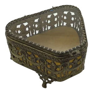 Hollywood Regency Jewelry Box 1950s Ormolu Filigree Box Glass Lid Brass Color Footed Trinket Jewelry Box Vanity Box