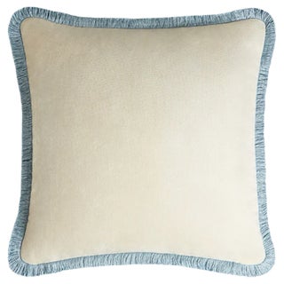 HAPPY PILLOW White with Light Blue Fringes by Lorenza Briola for LO DECOR For Sale