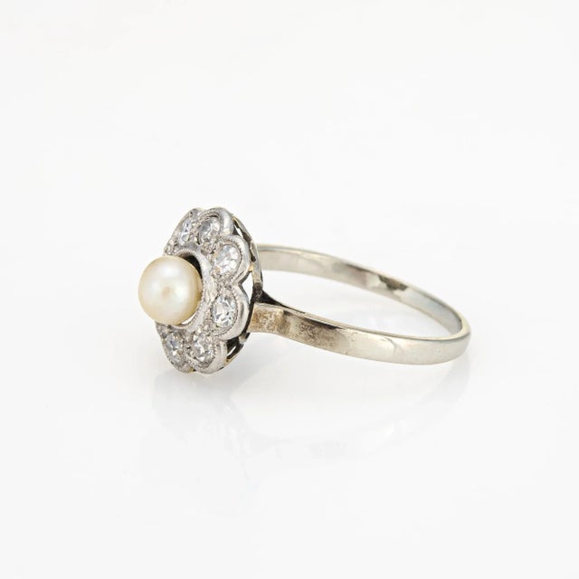 Antique Edwardian Pearl Diamond Cluster 18k White Gold Ring, Size 6 For Sale - Image 4 of 6