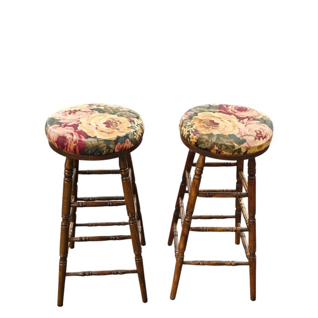 American Pair Mid 20th Century Turned Walnut and Upholstered Barstools For Sale - Image 3 of 8