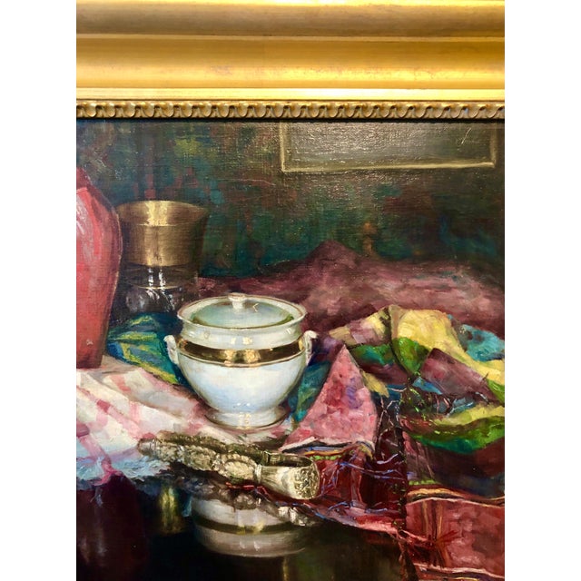 Nina Karasek, 1925 Viennese Oil Painting Interior Still Life with Porcelain Vase, Tapestry Rug, 1925 For Sale - Image 4 of 14