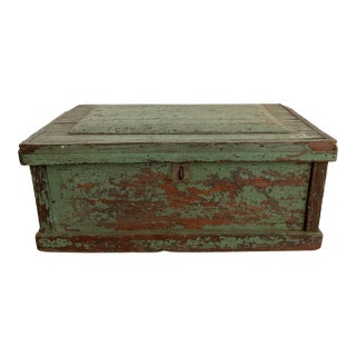 Early 20th Century Rustic Green Painted Wooden Storage Chest or Trunk For Sale