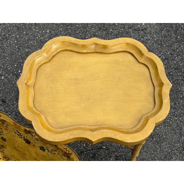 Mustard Mid 20th C. Hand Painted Mustard Yellow Tole Serving Tray on Fitted Faux Bamboo X Base Stand For Sale - Image 8 of 11