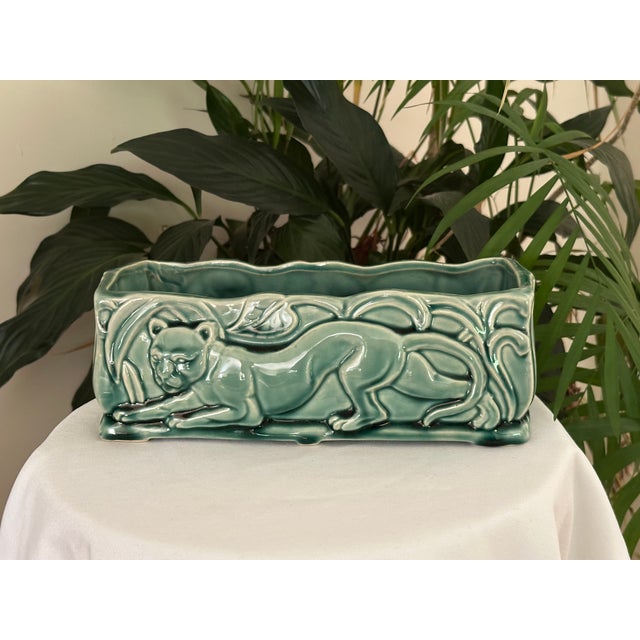 Ceramic Vintage Green Panther Planter Rectangular Ceramic Console Bowl Mid Century Art Pottery For Sale - Image 7 of 8