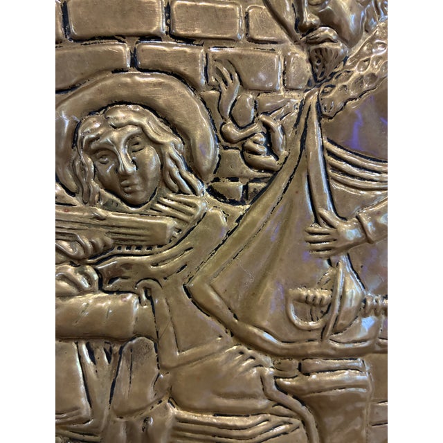 Brass English Embossed Brass Decorative Wall Plate With Medieval Musicians Scene For Sale - Image 8 of 15