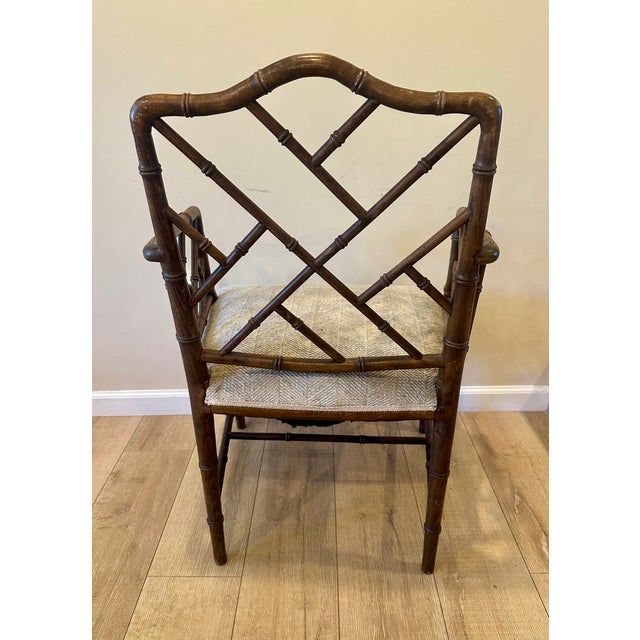 Chinoiserie Vintage Chinese Chippendale Hollywood Regency Faux Bamboo Cane Arm Chair For Sale - Image 3 of 6