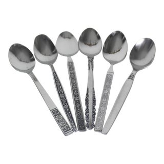 1960s Curated Set of 6 Mid Century Modern Stainless Steel Tea or Dessert Spoons, Mismatched For Sale