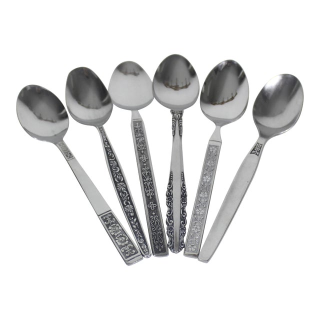 1960s Curated Set of 6 Mid Century Modern Stainless Steel Tea or Dessert Spoons, Mismatched For Sale