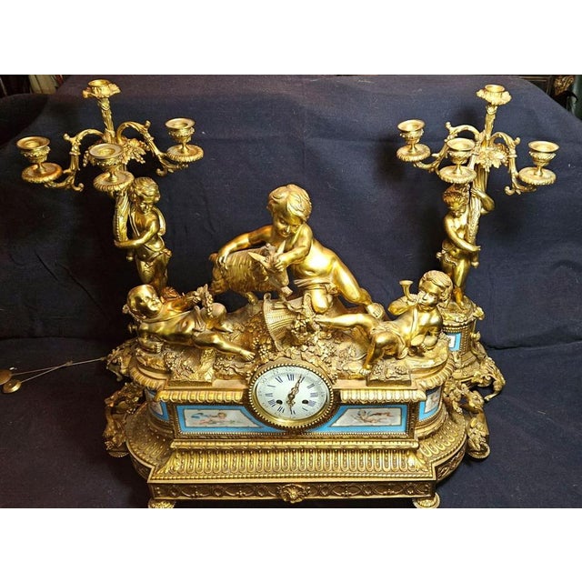 Pendulum in Bronze and Sèvres Porcelain with Candelabras, Set of 3 For Sale - Image 17 of 17