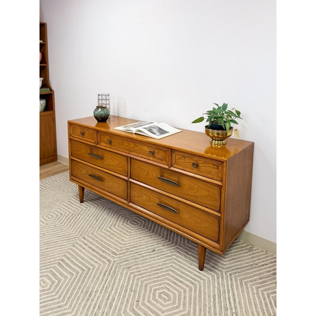 Heritage MCM Lowboy 7-Drawer Dresser Unique Brass Pulls Vintage Long Dresser For Sale - Image 12 of 14
