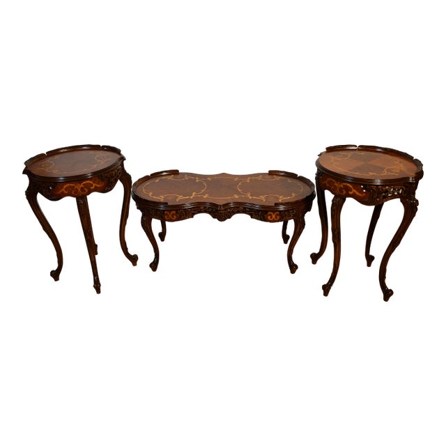 1920s Antique French Louis XV Walnut & Satinwood Inlay Coffee and End Tables Set For Sale
