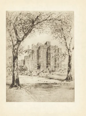 "Medical Center and Presbyterian Hospital" (New York Presbyterian) 1939 Etching by Anton Schutz