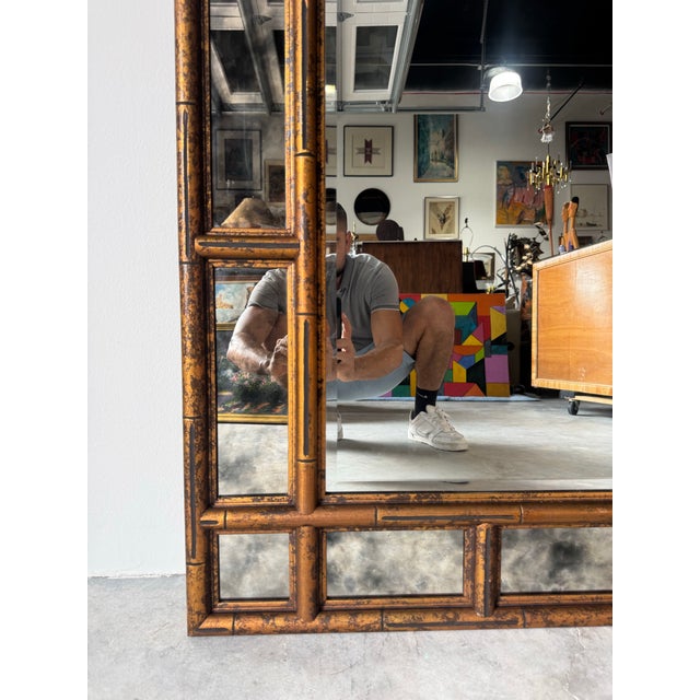 Gold Hollywood Regency Faux Bamboo Carved Wall Mirror With Tortoise Shell Finish/Sold For Sale - Image 8 of 11