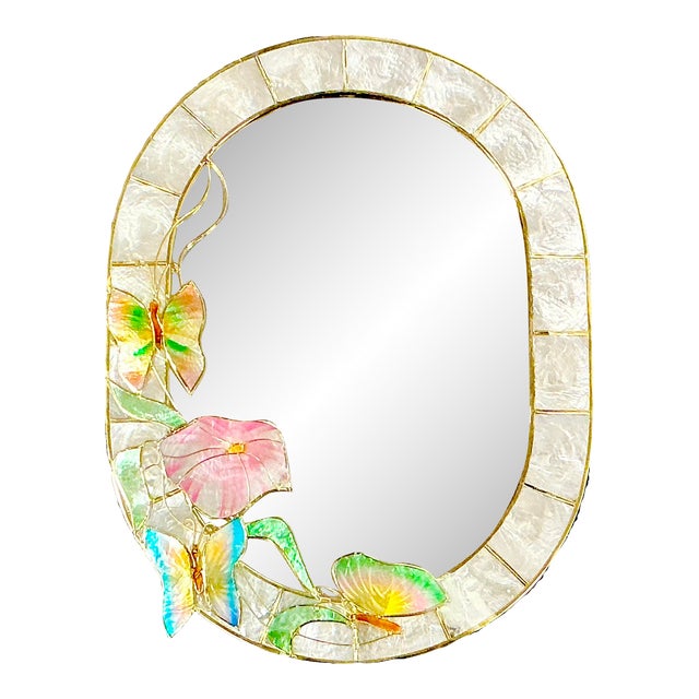 1980s Coastal Boho Chic Capiz Shell Wall Mirror With Butterflies & Morning Glory For Sale