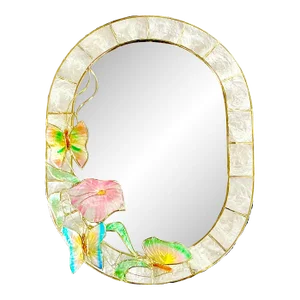 1980s Coastal Boho Chic Capiz Shell Wall Mirror With Butterflies & Morning Glory