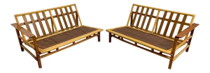 Vintage Ficks Reed Walnut With Rattan Sectional Sofas - A Pair