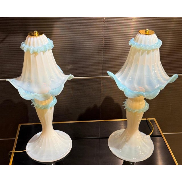 Pair of amazing large white opaline color with light blu decoration Murano glass table lamps . Each with one E14 light...