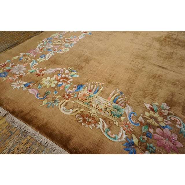 Magnificent Camel Background Color With Exquisite Purple-Rose Flowers Antique Chinese Art Deco Rug For Sale - Image 4 of 6