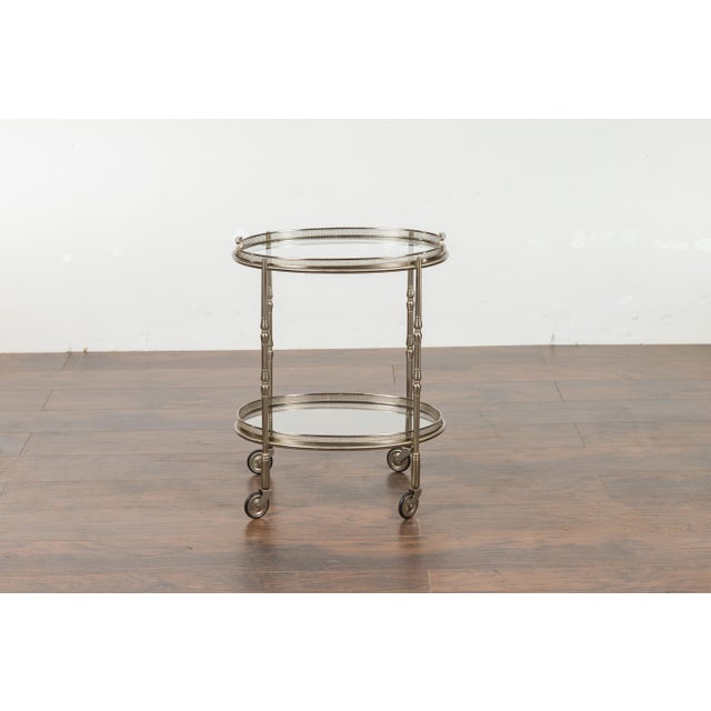 Italian Oval Midcentury Steel Trolley with Pierced Gallery and Mirrored Shelves For Sale In Atlanta - Image 6 of 12