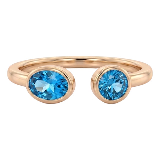 Swiss Blue Topaz Two Stone Ring | Open Cuff Stacking Ring | 18k Gold Filled Stacking Ring | December Birthstone Ring Us 7 For Sale