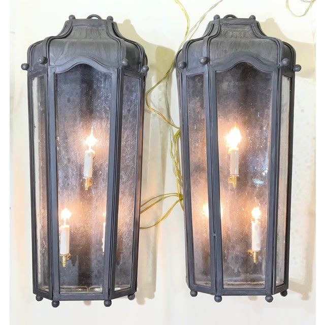 Large Exceptional Pair of Hand-Forged Iron Wall Lanterns Architectural Sconces For Sale - Image 9 of 17