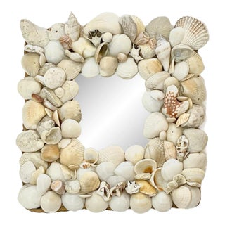 Vintage Coastal Shell-Encrusted Mirror With Raffia Frame – Grotto Style Petite Wall Mirror For Sale