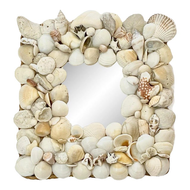 Vintage Coastal Shell-Encrusted Mirror With Raffia Frame – Grotto Style Petite Wall Mirror For Sale