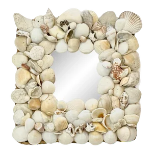 Vintage Coastal Shell-Encrusted Mirror With Raffia Frame – Grotto Style Petite Wall Mirror