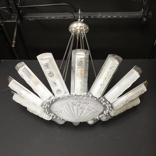 Art Deco Geometric Frosted Glass & Nickeled Starburst Chandelier Signed Degué For Sale - Image 14 of 18