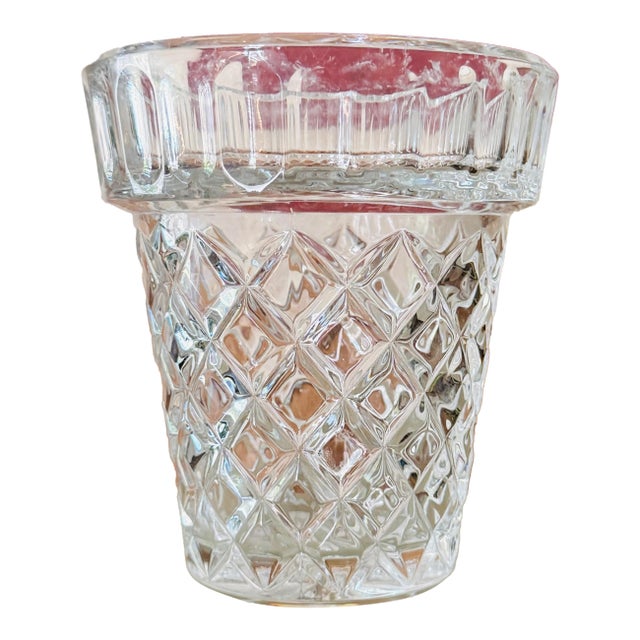 1990s Attributed Waterford Crystal Flower Pot Vase | Diamond Cut Crystal Cachepot | Vintage Crystal Planter For Sale