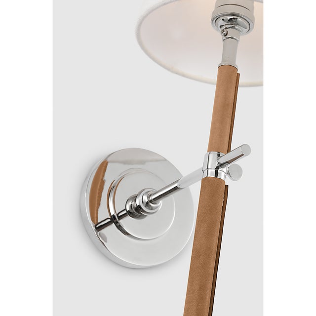 Modern Thomas O'Brien for Visual Comfort Signature Bryant Large Wrapped Tail Sconce in Polished Nickel and Natural Leather with Linen Shade For Sale - Image 3 of 7
