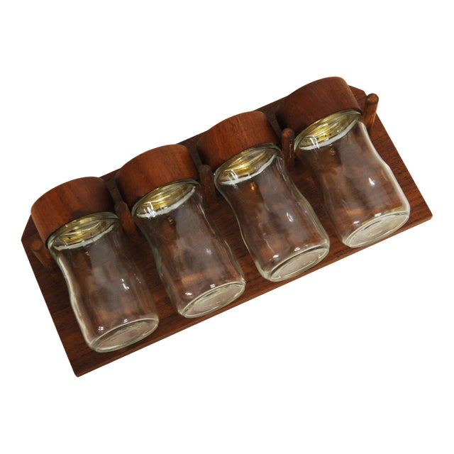 Hanging Spice Rack in Teak with Glass Screw-Top Jars attributed to Digsmed, Denmark, 1960s, Set of 5 For Sale