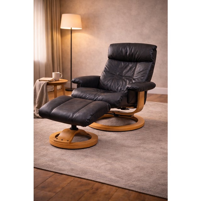 Set of Vintage Scandinavian Lounge Chair with Ottoman in Black Leather and Wood Frame, 1980s For Sale - Image 14 of 15