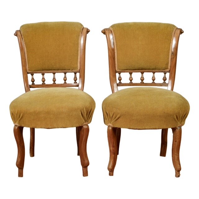 Walnut Chairs in Velvet, Set of 2 For Sale