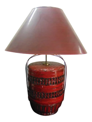 Chinese Red Lacquered Stacked Basket Form Lamp