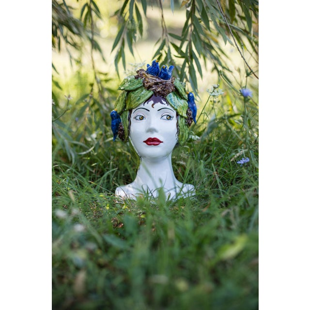 Italian VIETRI Sicilian Heads Bluebirds Head Sculpture For Sale - Image 3 of 3