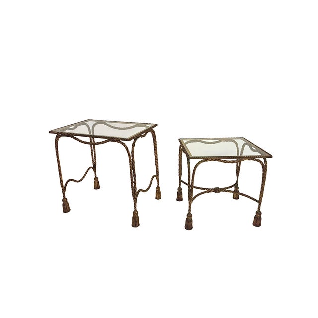 Gold 1950s Gilt Hollywood Regency Rope & Tassel Metal and Glass Nesting Tables For Sale - Image 8 of 18