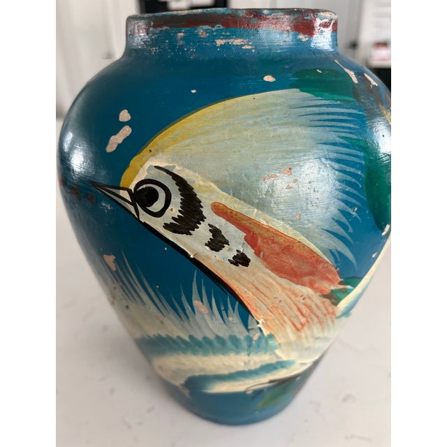 Ceramic 1930s Mexican Hand-Painted Tonala Bird of Paradise Vase For Sale - Image 7 of 12