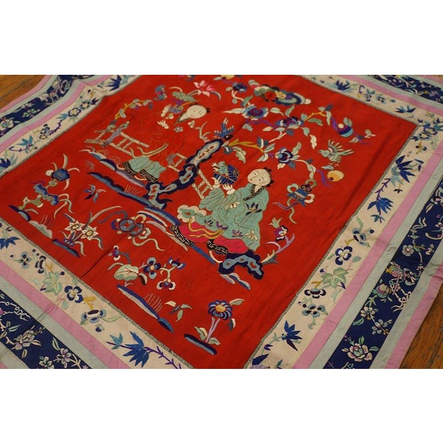 Attractive Red Ground Color With Unique Figural Pattern Vintage Flat Weave Silk Chinese Embroidery For Sale - Image 4 of 5